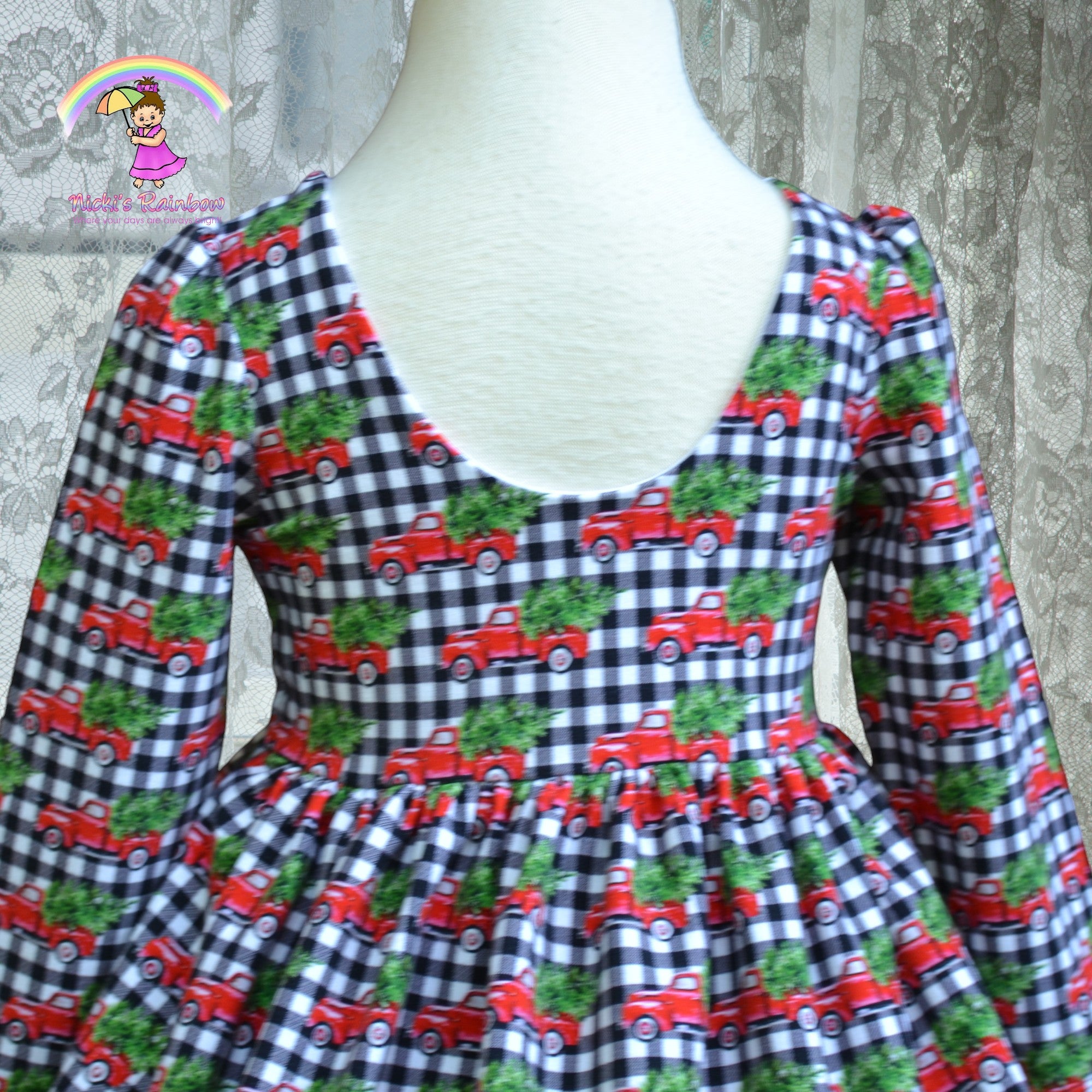 Size 3T Red Truck Green Evergreen Christmas Tree Cotton Spandex Dress Nicki's Rainbow INC Size 3T Red Truck Green Evergreen Christmas Tree Cotton Spandex Dress Nicki's Rainbow INC