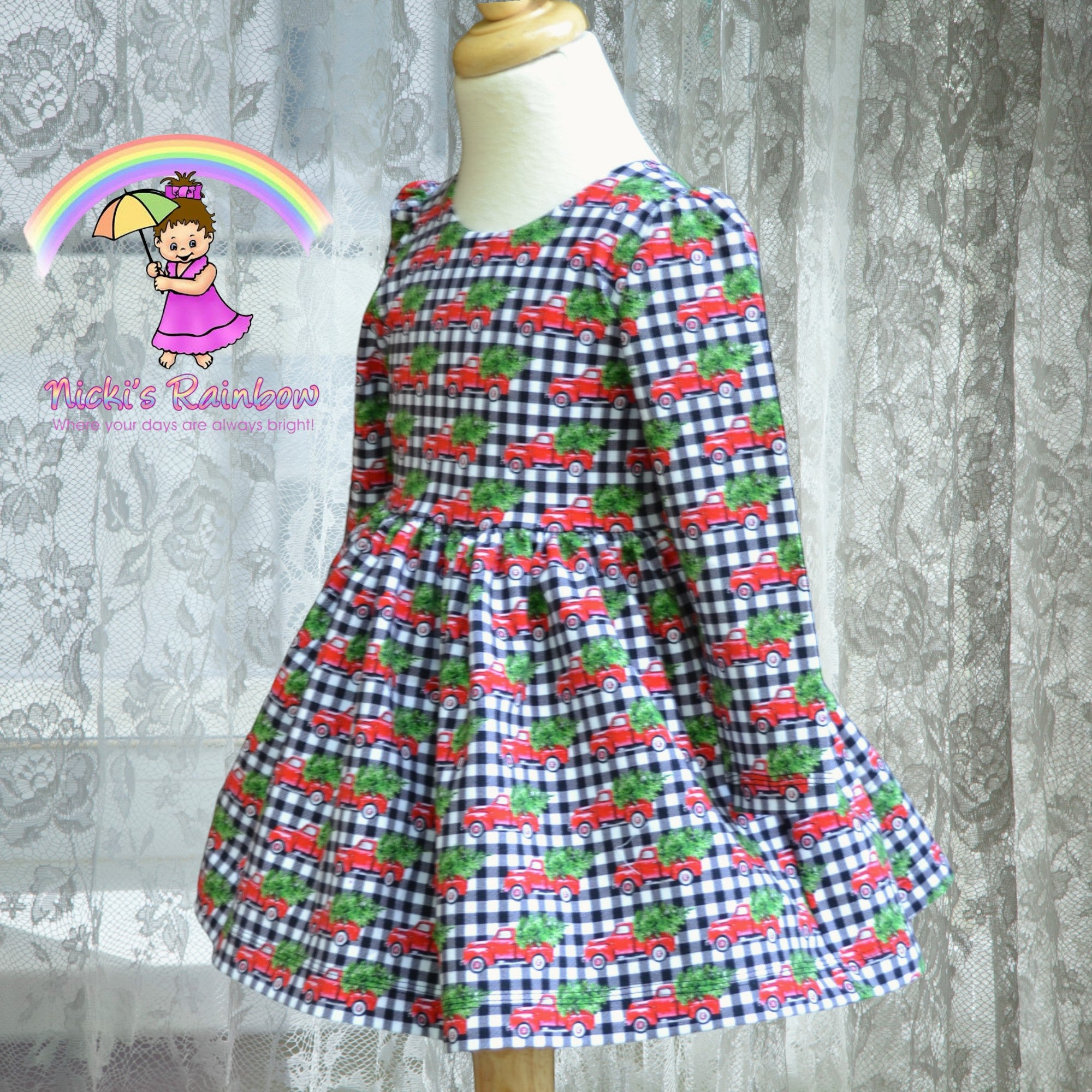 Size 3T Red Truck Green Evergreen Christmas Tree Cotton Spandex Dress Nicki's Rainbow INC Size 3T Red Truck Green Evergreen Christmas Tree Cotton Spandex Dress Nicki's Rainbow INC