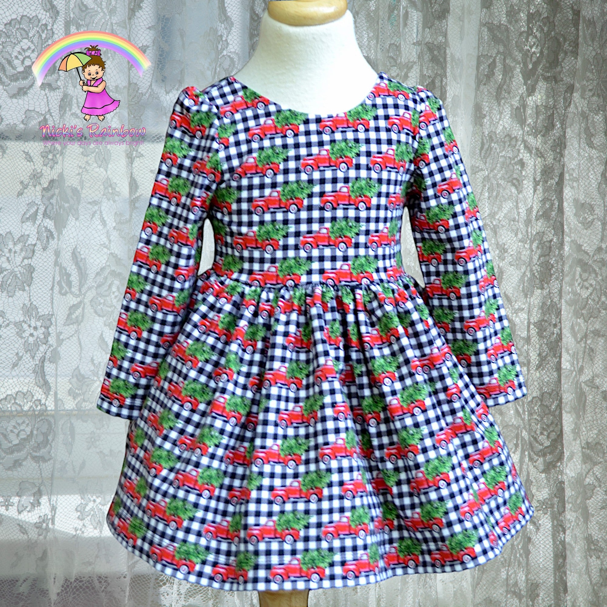 Size 3T Red Truck Green Evergreen Christmas Tree Cotton Spandex Dress Nicki's Rainbow INC Size 3T Red Truck Green Evergreen Christmas Tree Cotton Spandex Dress Nicki's Rainbow INC