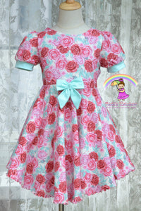 Size 6 Aqua and Pink Roses High Low Knit Dress
